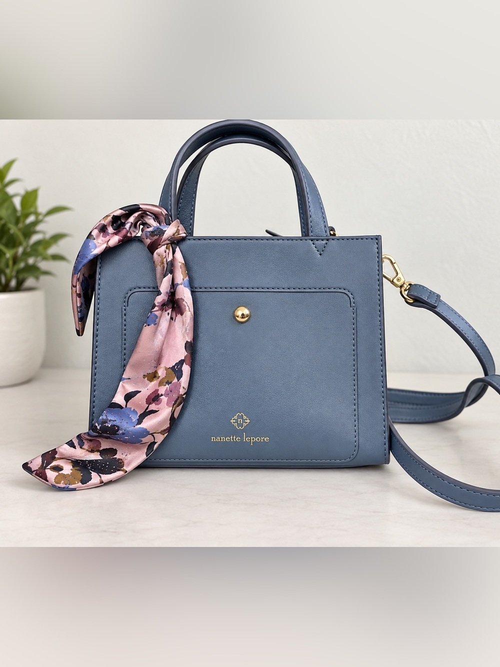 Nanette Lepore Blue Mini Satchel Crossbody Bag Floral Scarf Vegan Leather